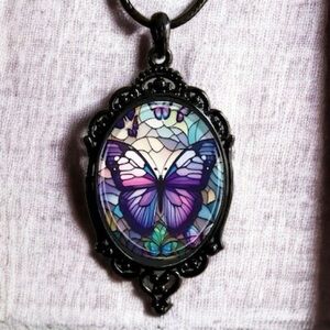 Stain glass butterfly necklace. New.